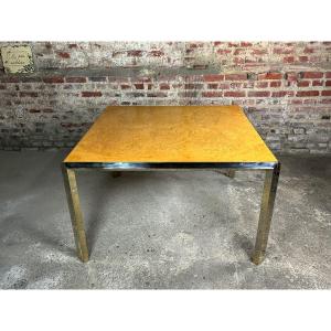 Vintage 70 Italian Square Table In Moire Metal And Elm Burl