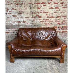 Vintage 60's Sofa In The Percival Lafer Taste In Wood And Leather