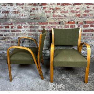 Vintage 1950 Bow Wood Armchairs (pair) By Hugues Steiner