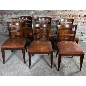 Chairs (set Of 6) In Mahogany And Skai 1940s