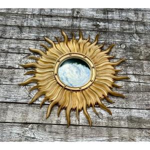 Vintage Italian Sun Mirror 1960 In Golden Resin With Witch's Eye 63 Cm