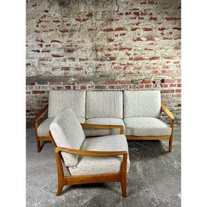 2-piece Scandinavian Living Room (sofa And Armchair) In Teak And Bouclé Wool Fabric 1960