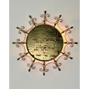 Sun Mirror / Wall Lamp In Patinated Golden Wrought Iron 1960