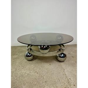 Ball Space Age Coffee Table 70's Chromed Aluminum And Smoked Glass