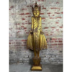Bouddha Birman Mandalay En Bois Sculpté Doré Ht 205 Cm