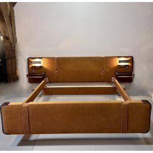 Lit vintage 1970 en palissandre, métal chromé et tissu façon velours