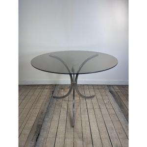 Vintage 1970s Round Metal And Smoked Glass Table