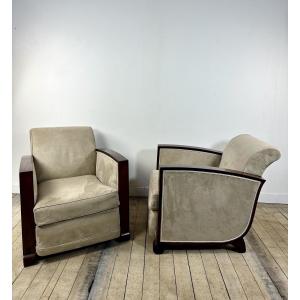 Fauteuils (la paire) époque Art déco en palissandre et suédine