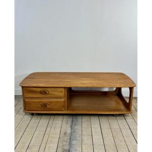 Table basse /meuble rangement en orme massif ERCOL Minerva 1980'S