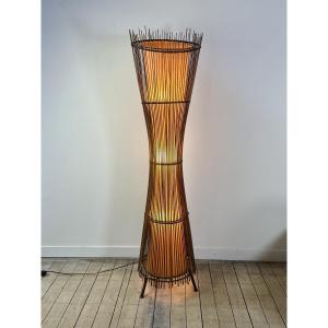 Lampadaire Kobé métal et rotin 1990'S Ht 170 cm