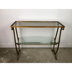 Magazine Rack / Golden Sofa End In Golden Wrought Iron And Glass Top 1950