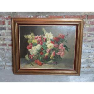 Painting / Oil On Canvas Re-entoilée Bouquet Of Dahlias Signed E. Van Coppenolle