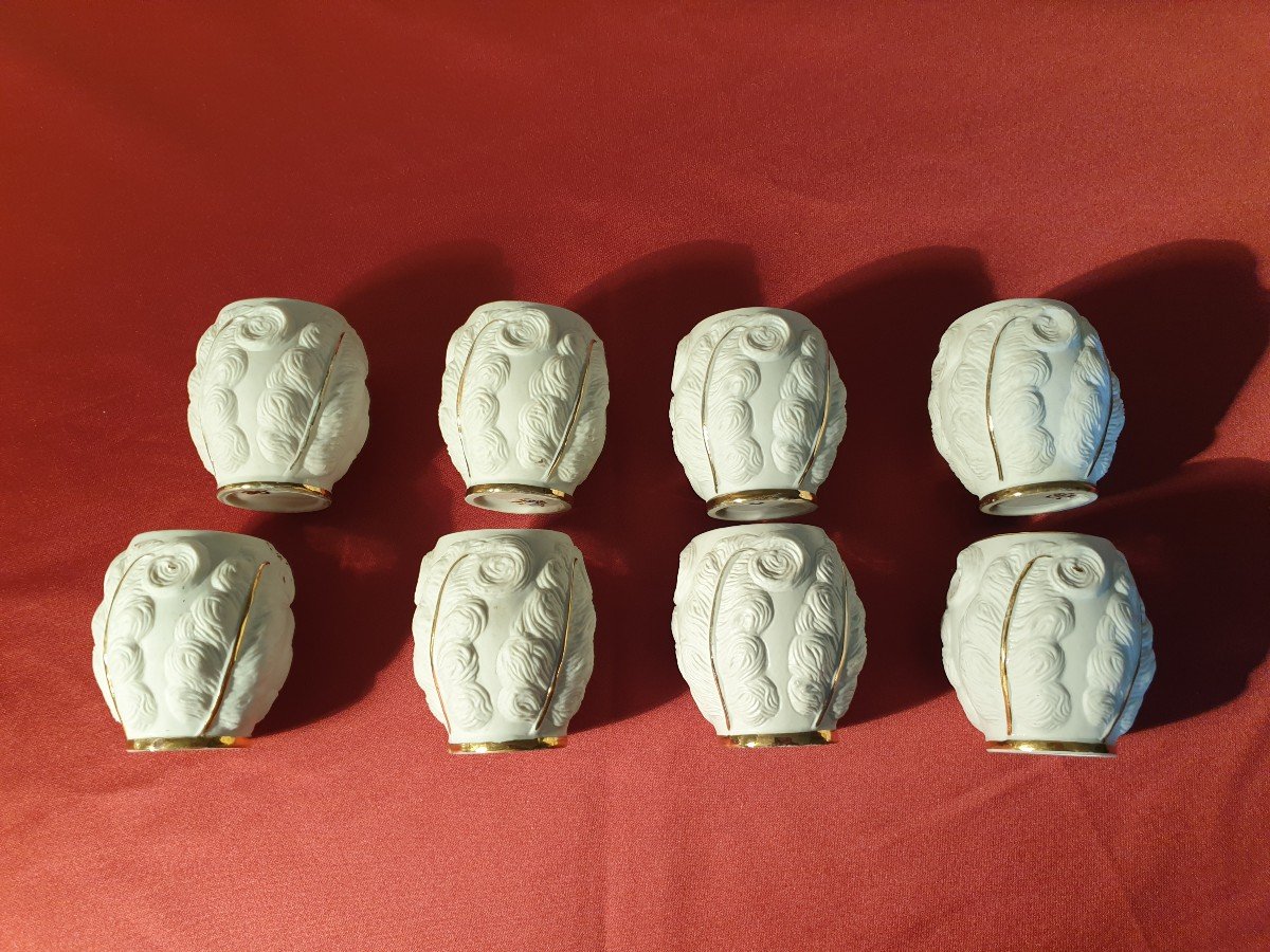 Huit Gobelets à Liqueur Porcelaine De Couleuvre Modèle Plumes d'Autruche Années 30-photo-5