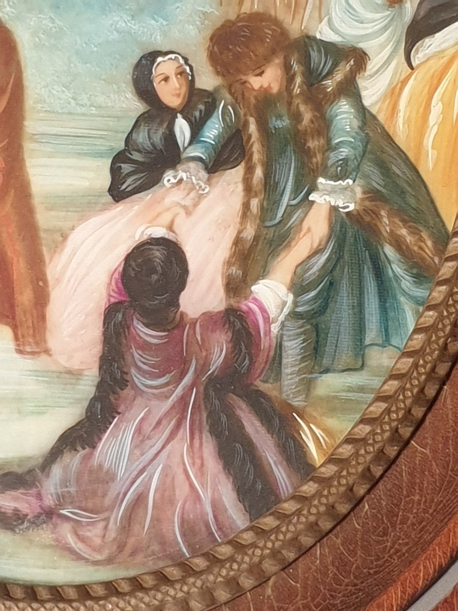 Picture, Miniature Painting On Ivory. Children Playing On Ice. Late 19th. Signed Sema-photo-2