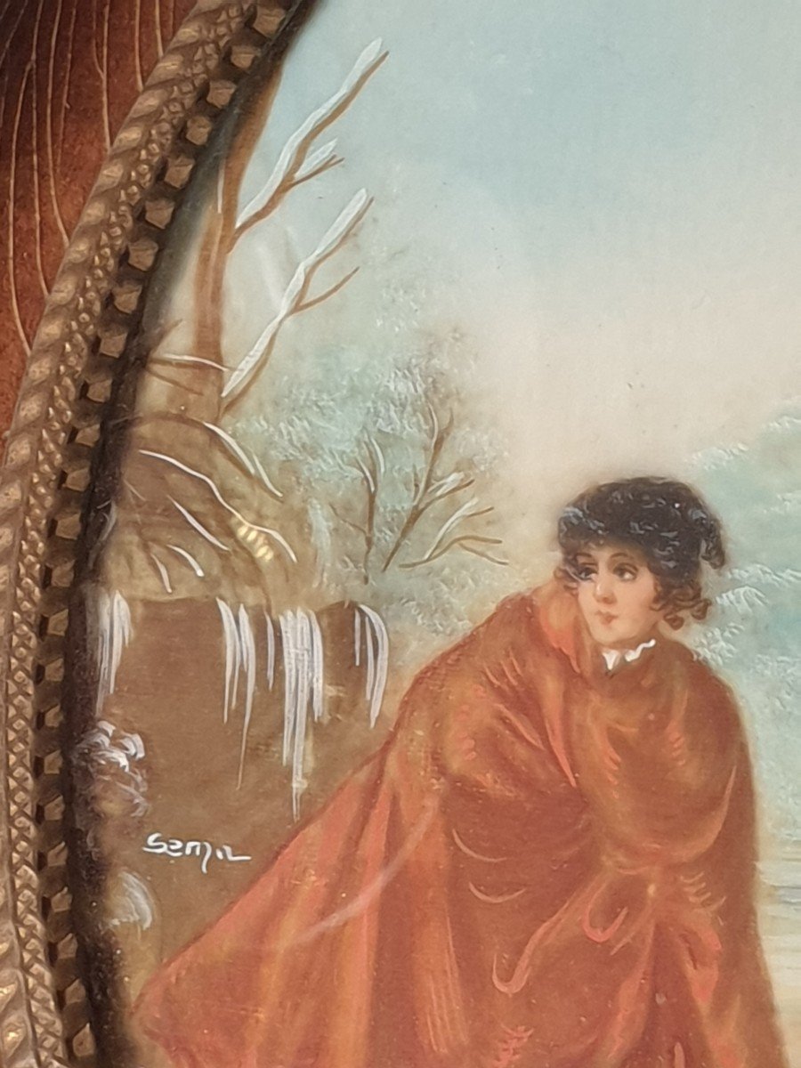 Picture, Miniature Painting On Ivory. Children Playing On Ice. Late 19th. Signed Sema-photo-3