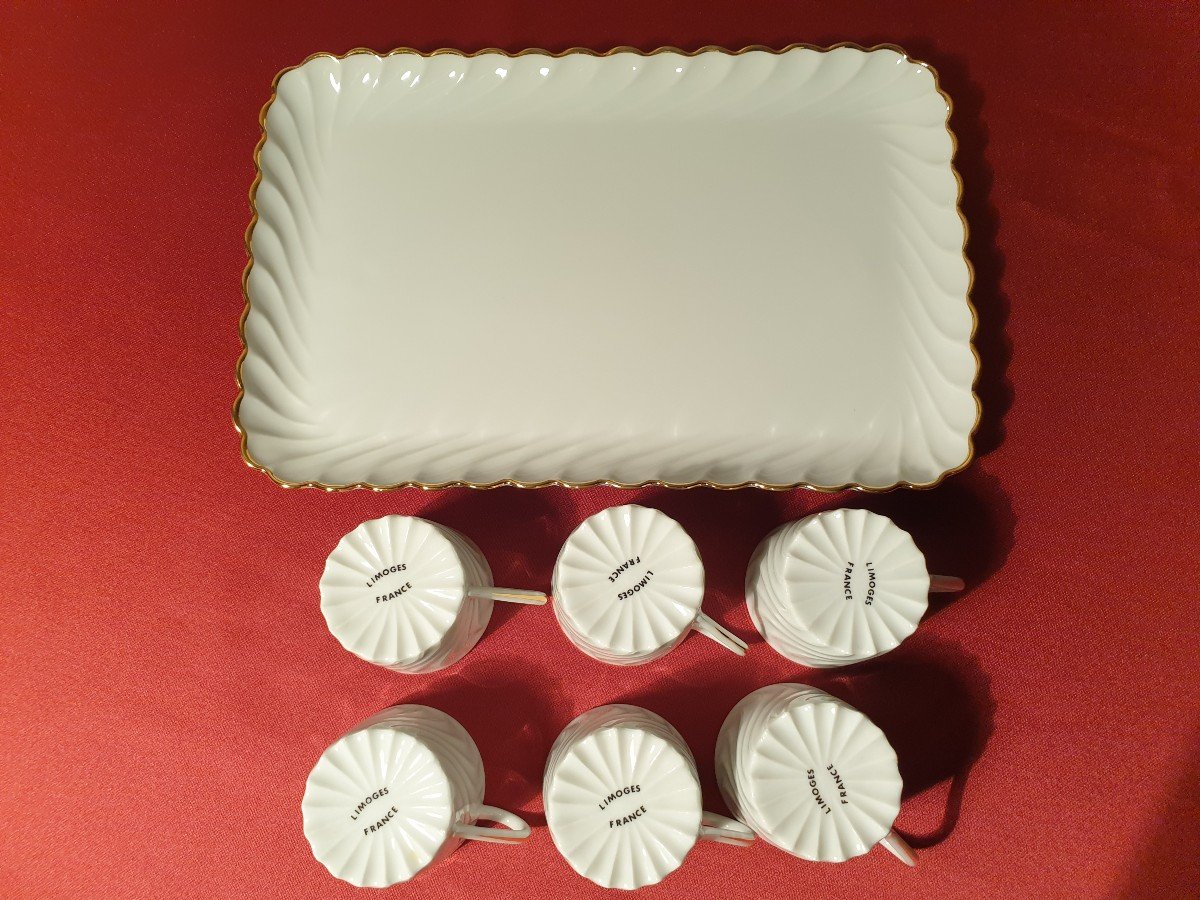 Limoges Six White Moka Cups Twisted Ribs With Their Tray-photo-3