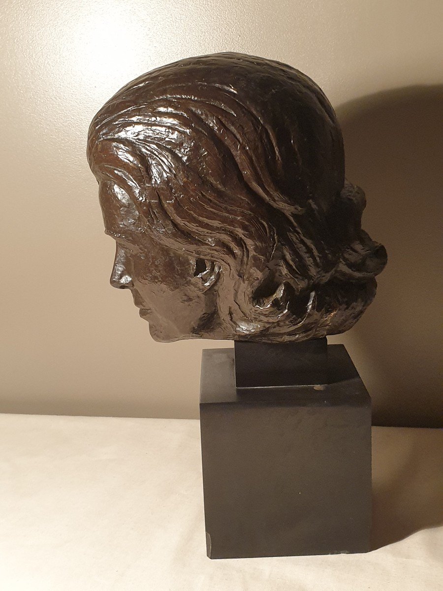 Jean Don (1900-1985) Patinated Bronze Sculpture Signed And Dated 55 Head Of A Woman-photo-2