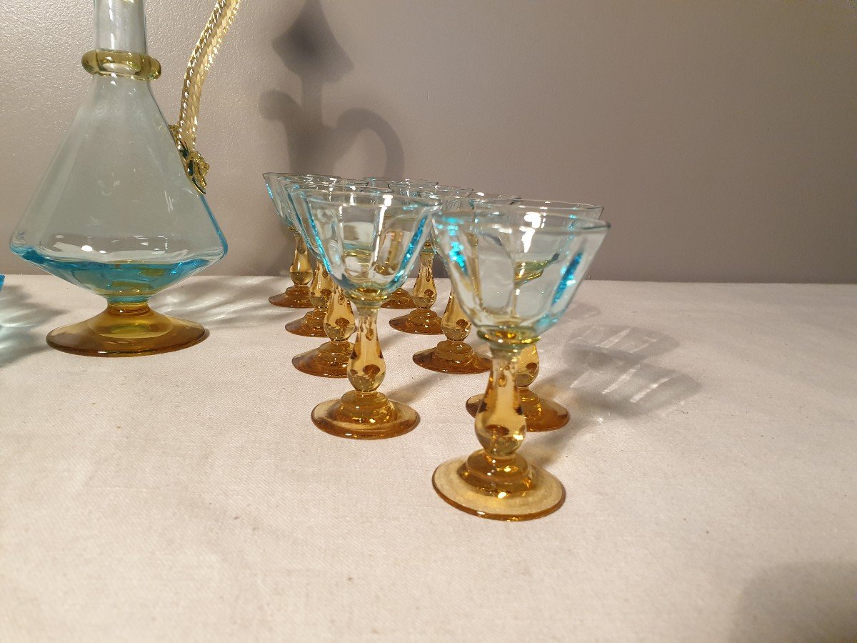 Georges Sand Yellow And Blue Liqueur Service With Its Blue Moving Tray-photo-2
