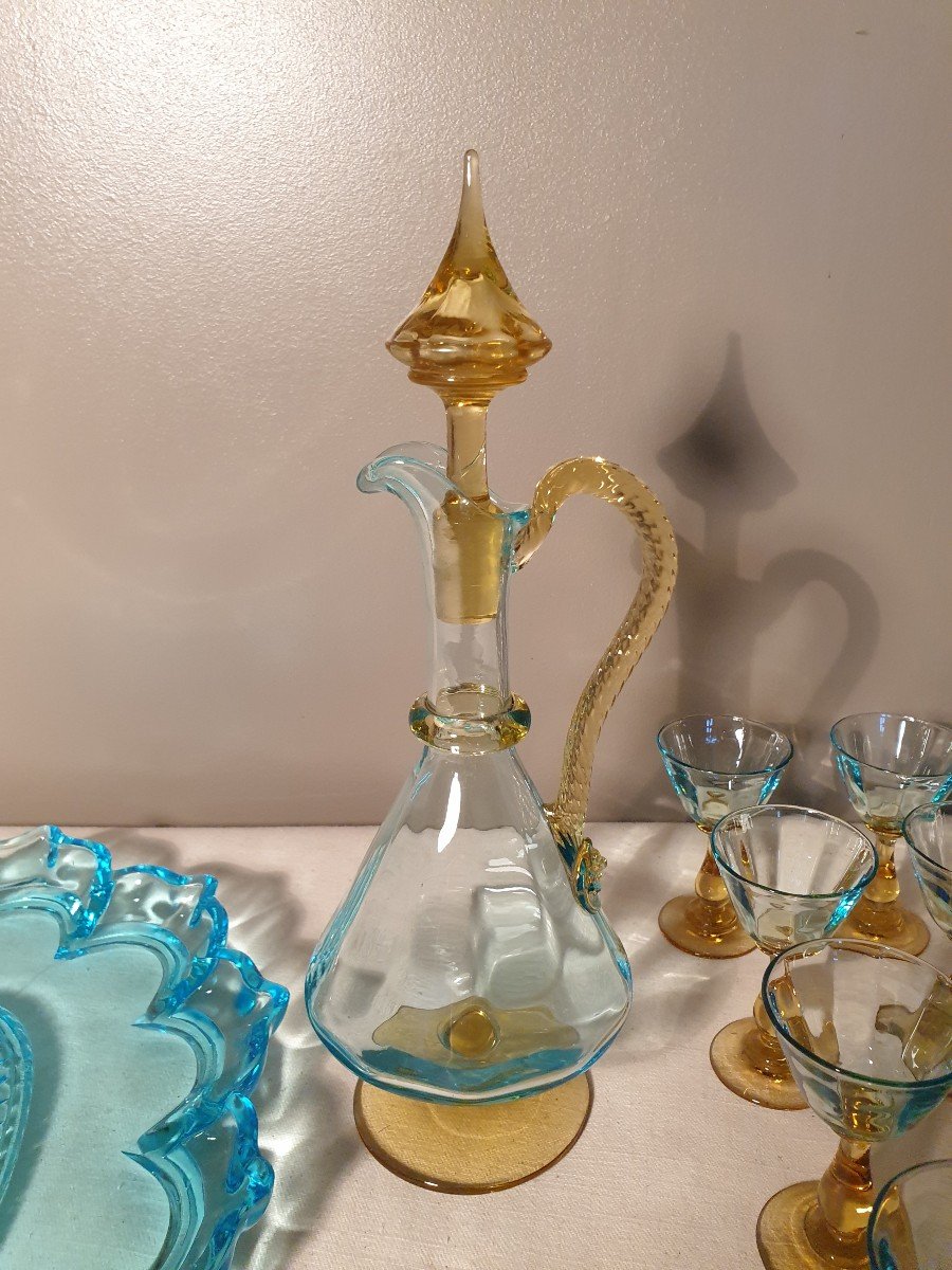 Georges Sand Yellow And Blue Liqueur Service With Its Blue Moving Tray-photo-3