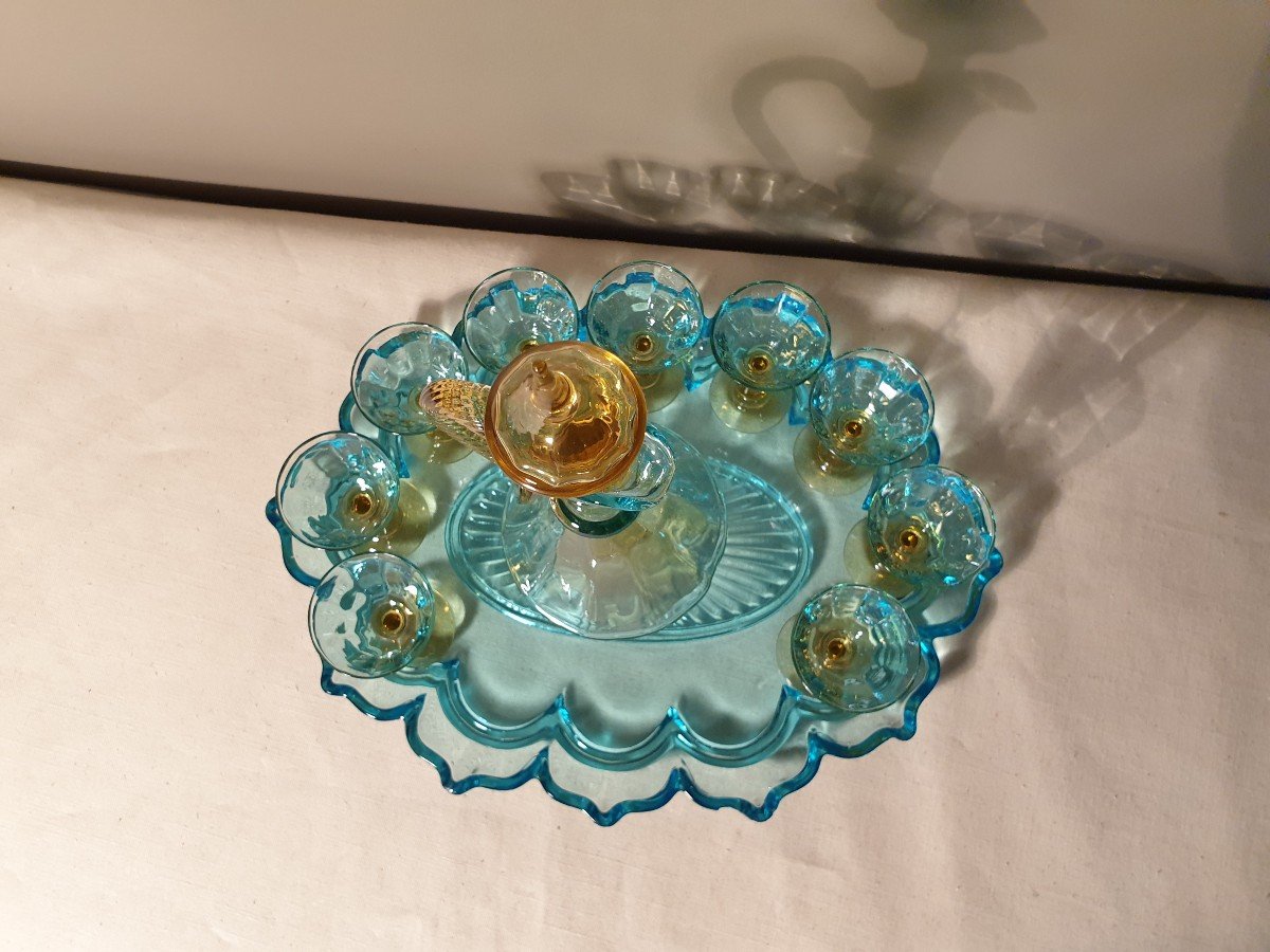 Georges Sand Yellow And Blue Liqueur Service With Its Blue Moving Tray-photo-7