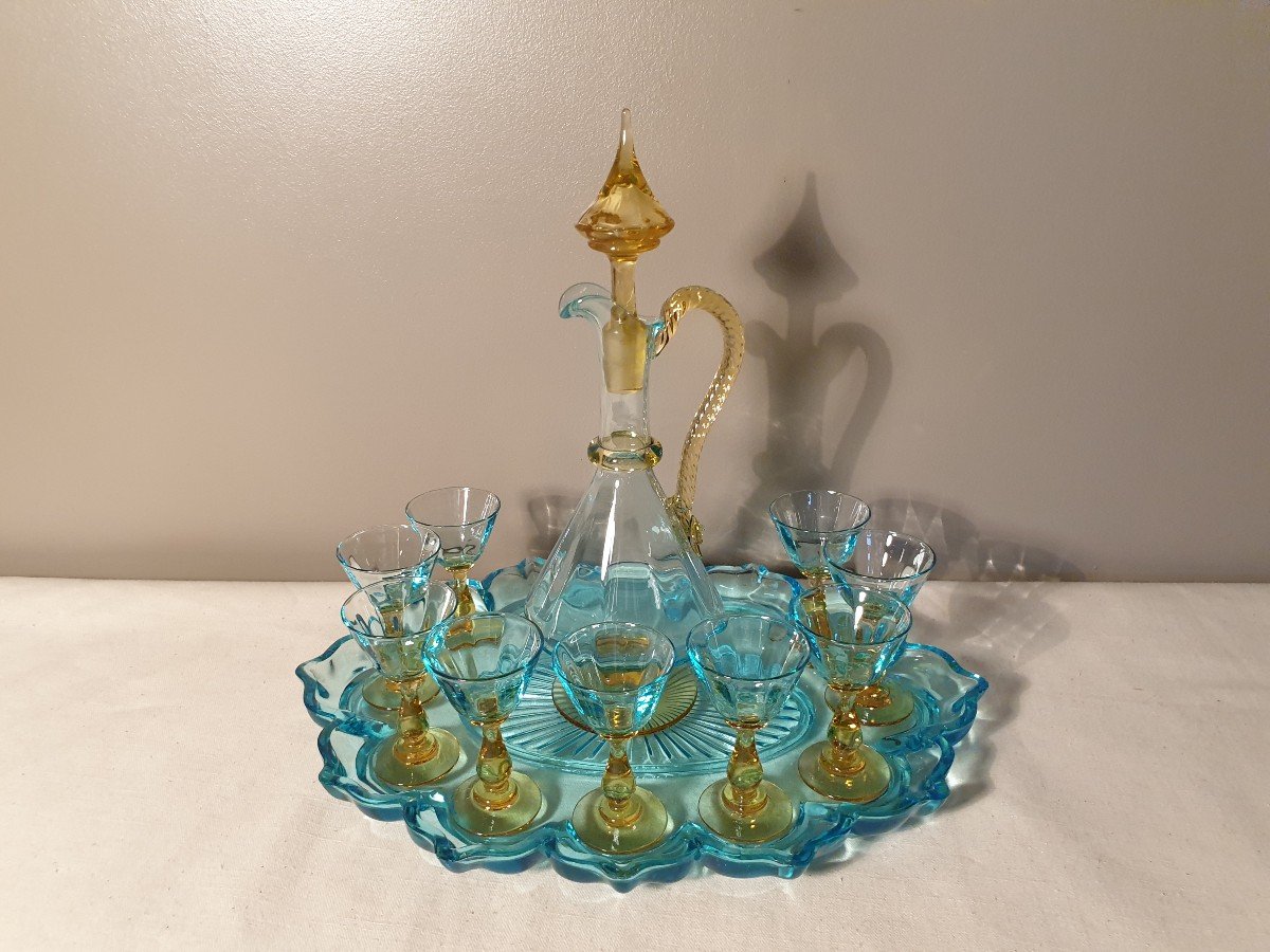 Georges Sand Yellow And Blue Liqueur Service With Its Blue Moving Tray-photo-8