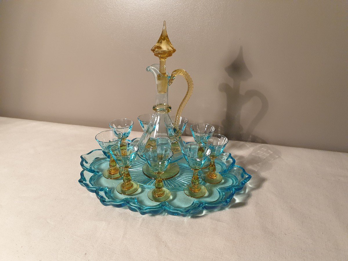 Georges Sand Yellow And Blue Liqueur Service With Its Blue Moving Tray
