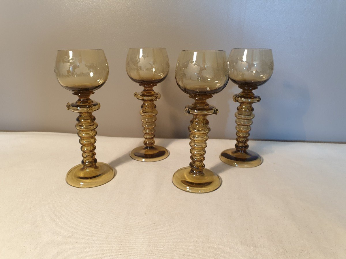 Four Hock Rhine Wine Glasses In Crystal And Blown Smoked Glass.