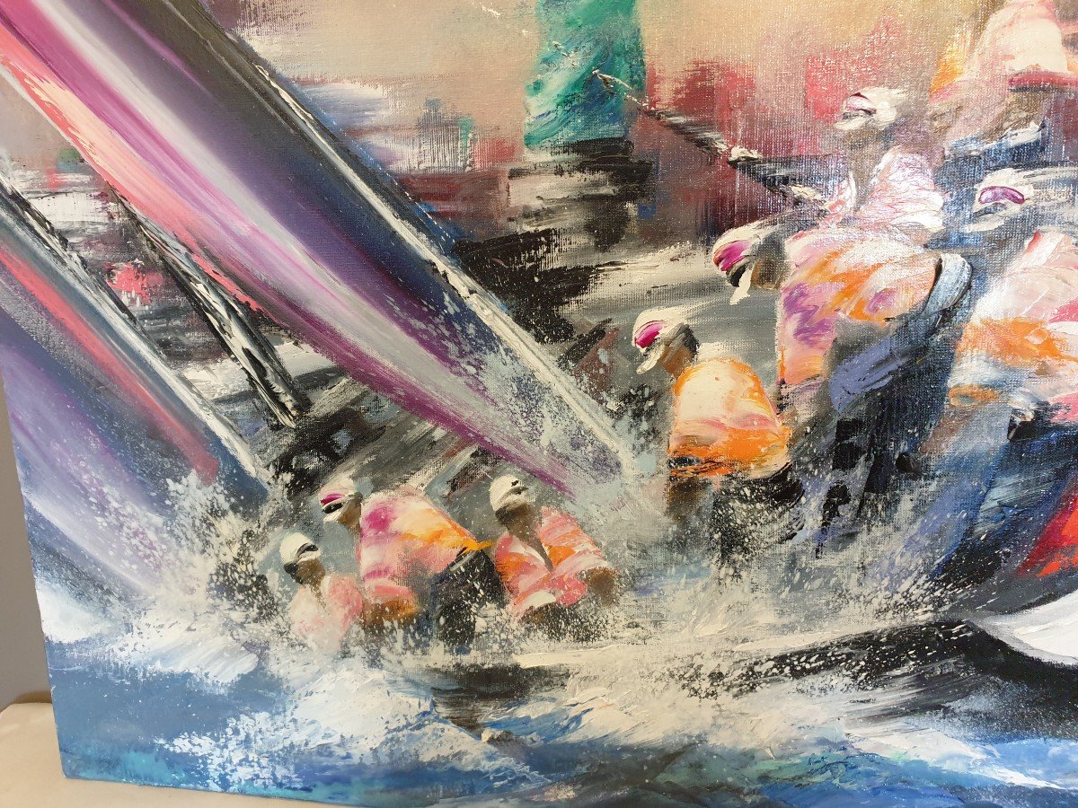 Victor Spahn. Oil On Canvas "regatta In New York" 100 Cmx 81 Cm-photo-4
