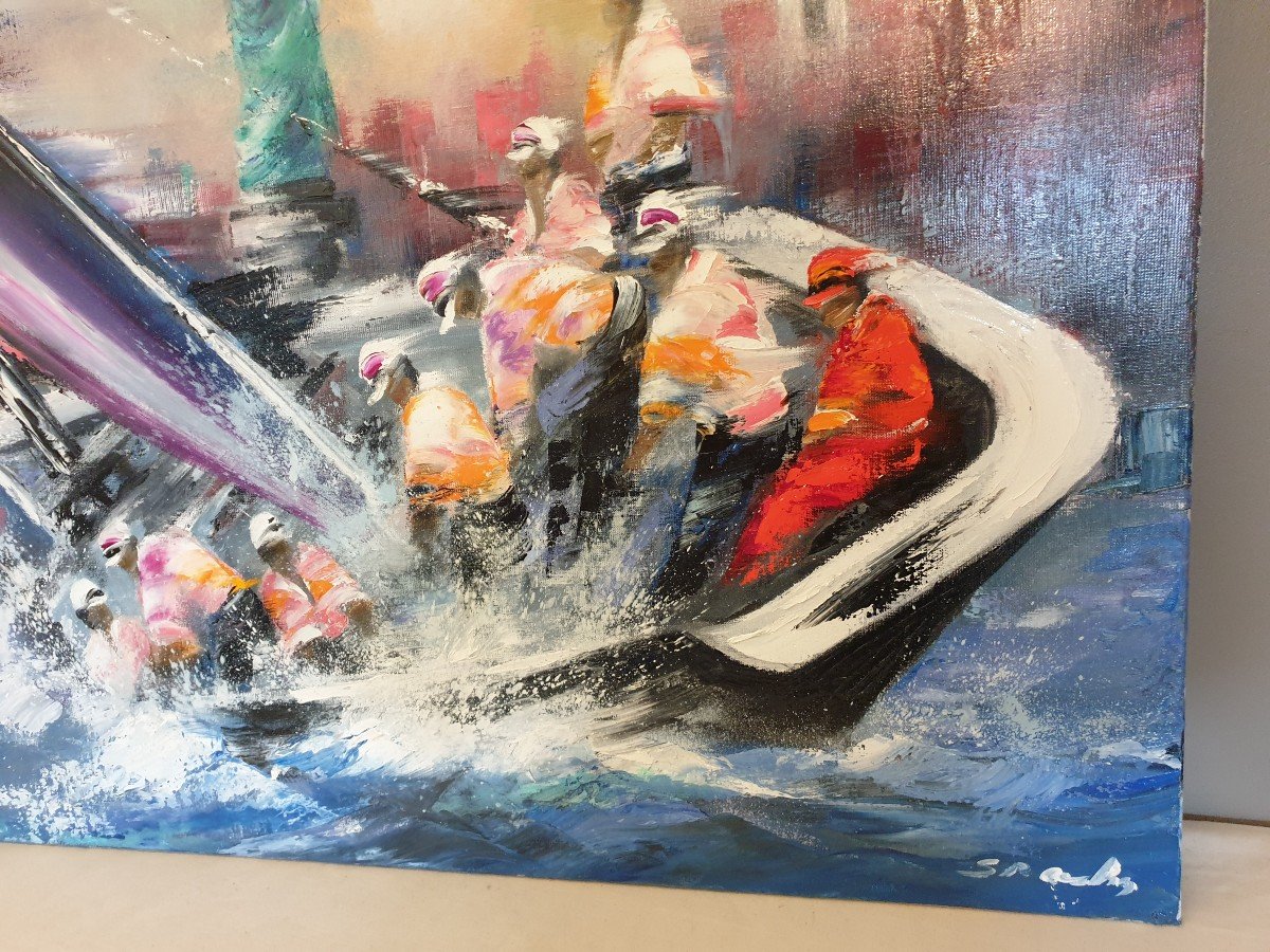 Victor Spahn. Oil On Canvas "regatta In New York" 100 Cmx 81 Cm-photo-1