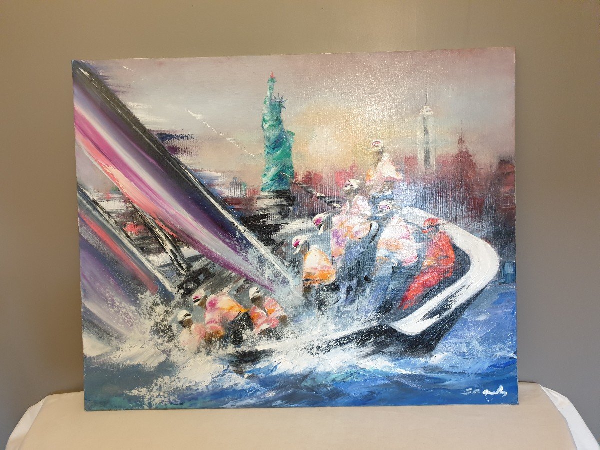Victor Spahn. Oil On Canvas "regatta In New York" 100 Cmx 81 Cm