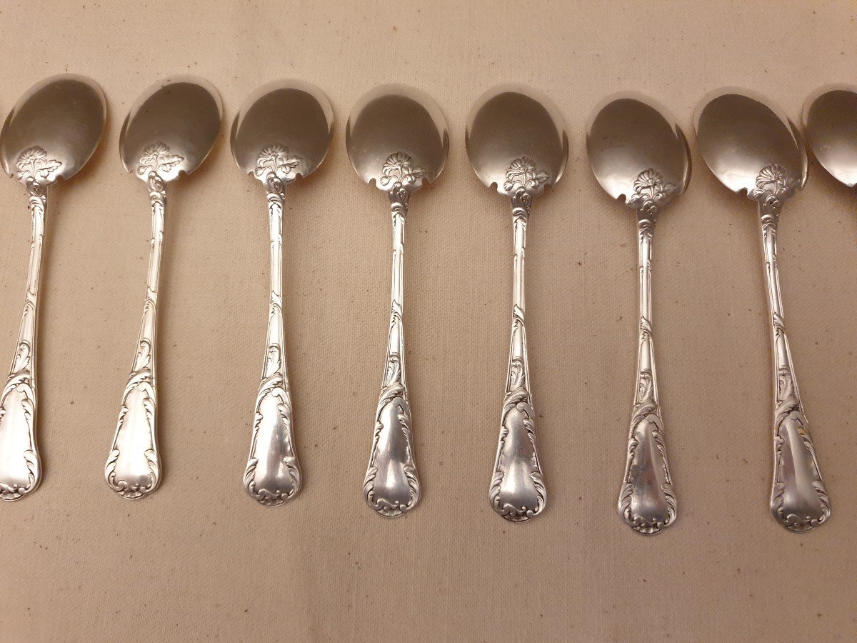 Christofle Chrysanthème Model 16 Spoons, Ice Cream Scoops In Silver Metal-photo-5