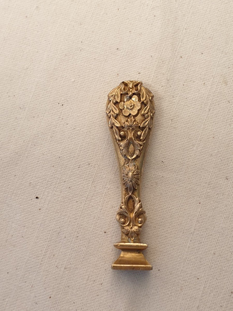 Seal, Wax Stamp In Gilded Bronze With Floral Decoration. Late 19th Early 20th-photo-2