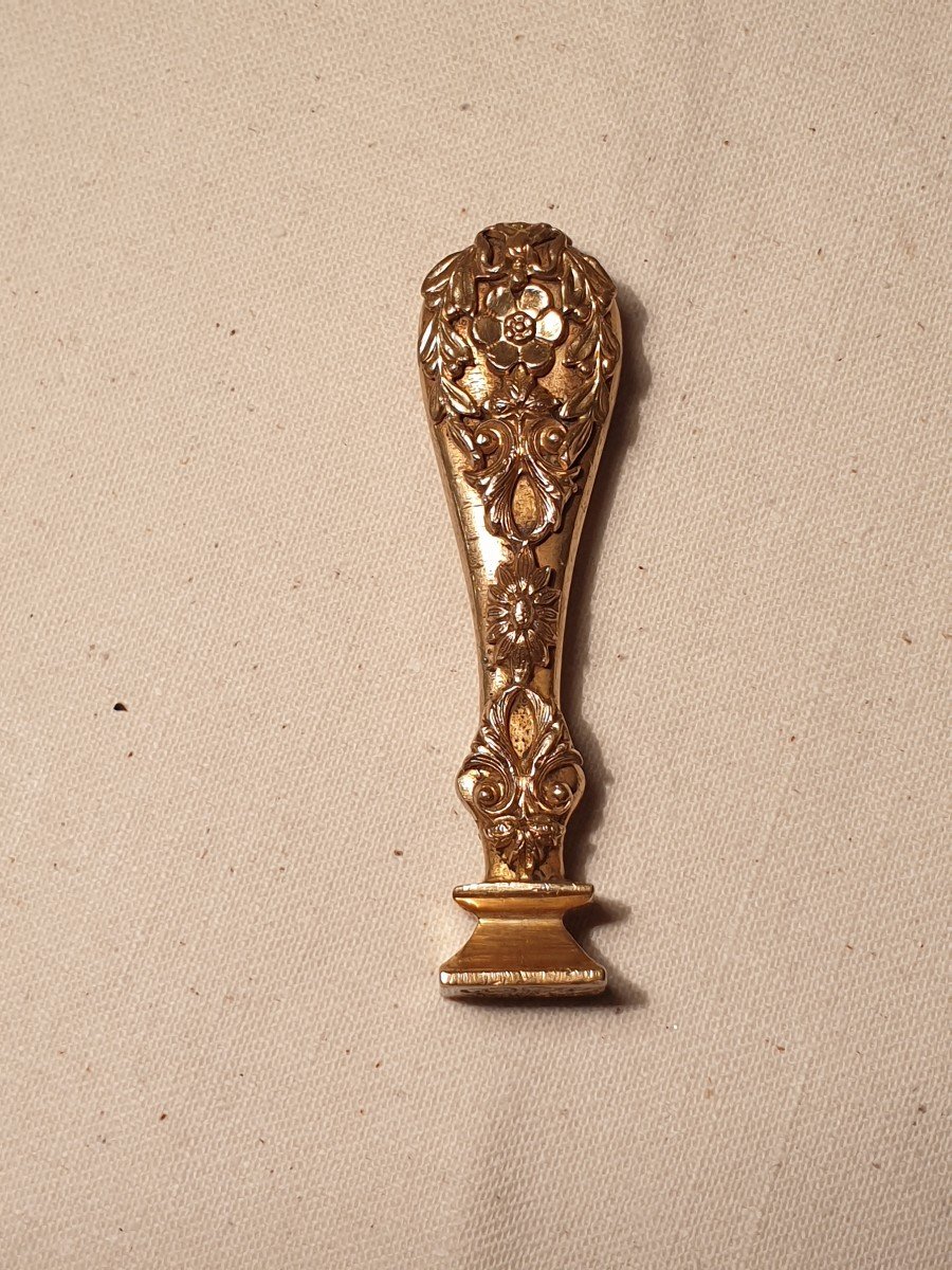 Seal, Wax Stamp In Gilded Bronze With Floral Decoration. Late 19th Early 20th-photo-1