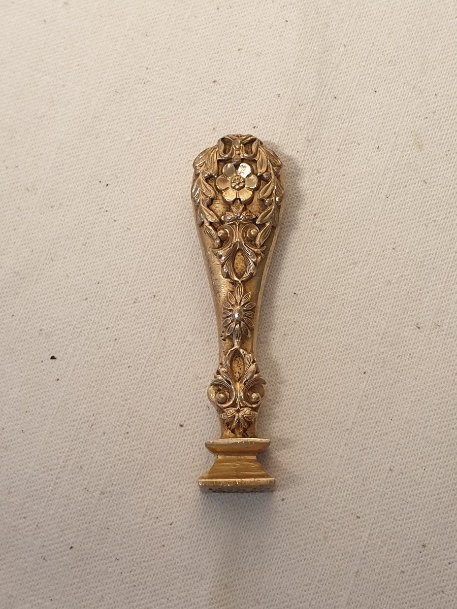 Seal, Wax Stamp In Gilded Bronze With Floral Decoration. Late 19th Early 20th