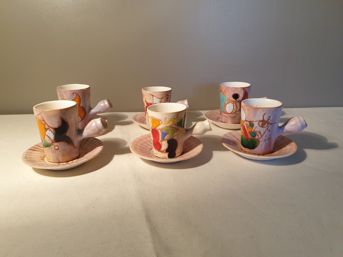 Marie Christine Treinen Vallauris. 6 Enameled Coffee Cups