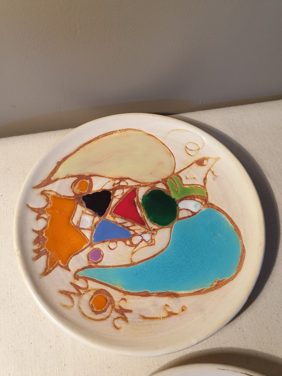 Marie Christine Treinen Vallauris. Six Glazed Ceramic Dessert Plates-photo-5