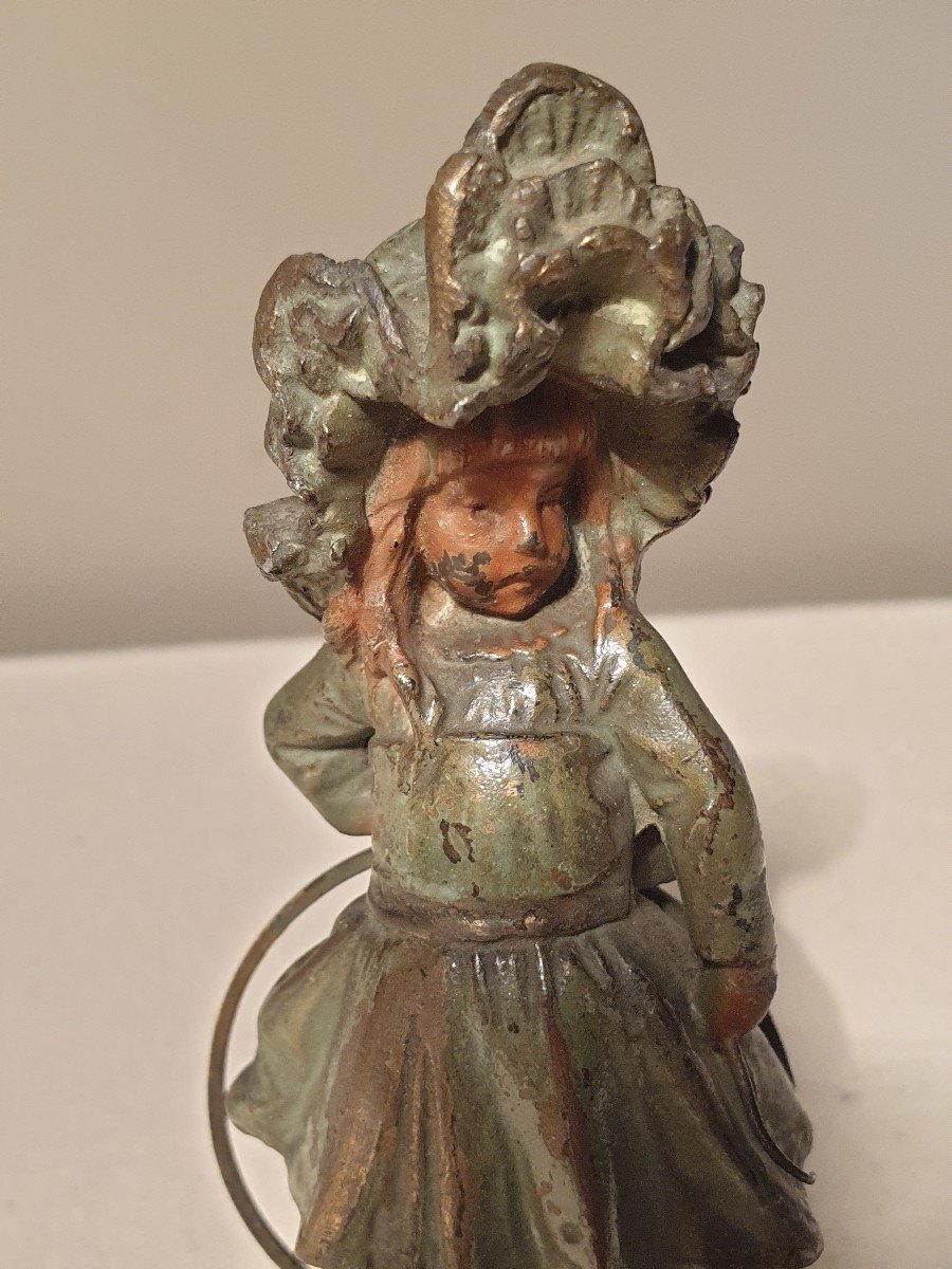 Statuette En Bronze Polychrome Petite Fille Au Cerceau Socle En Marbre-photo-4