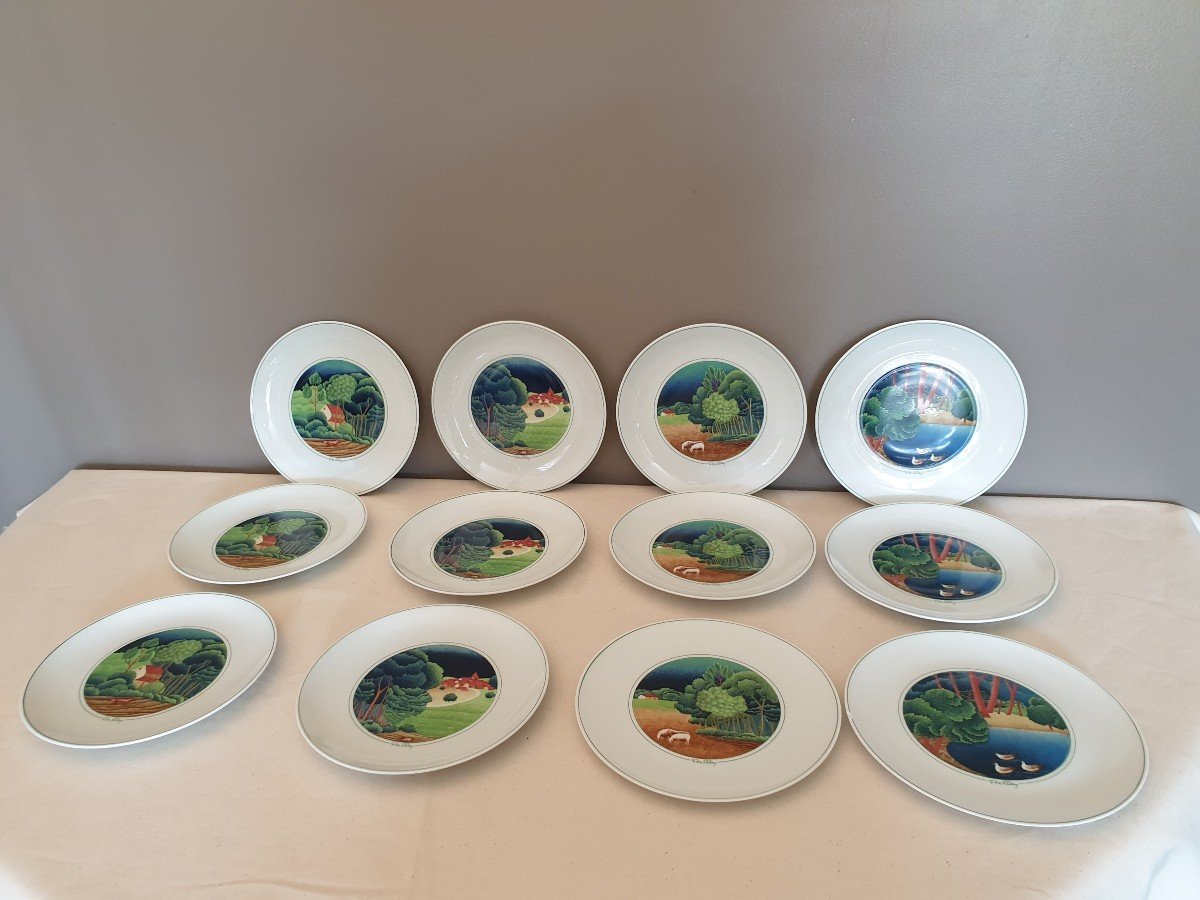 Georges Boyer Et Les Frères Palley.  Assiettes à Dessert  En Porcelaine