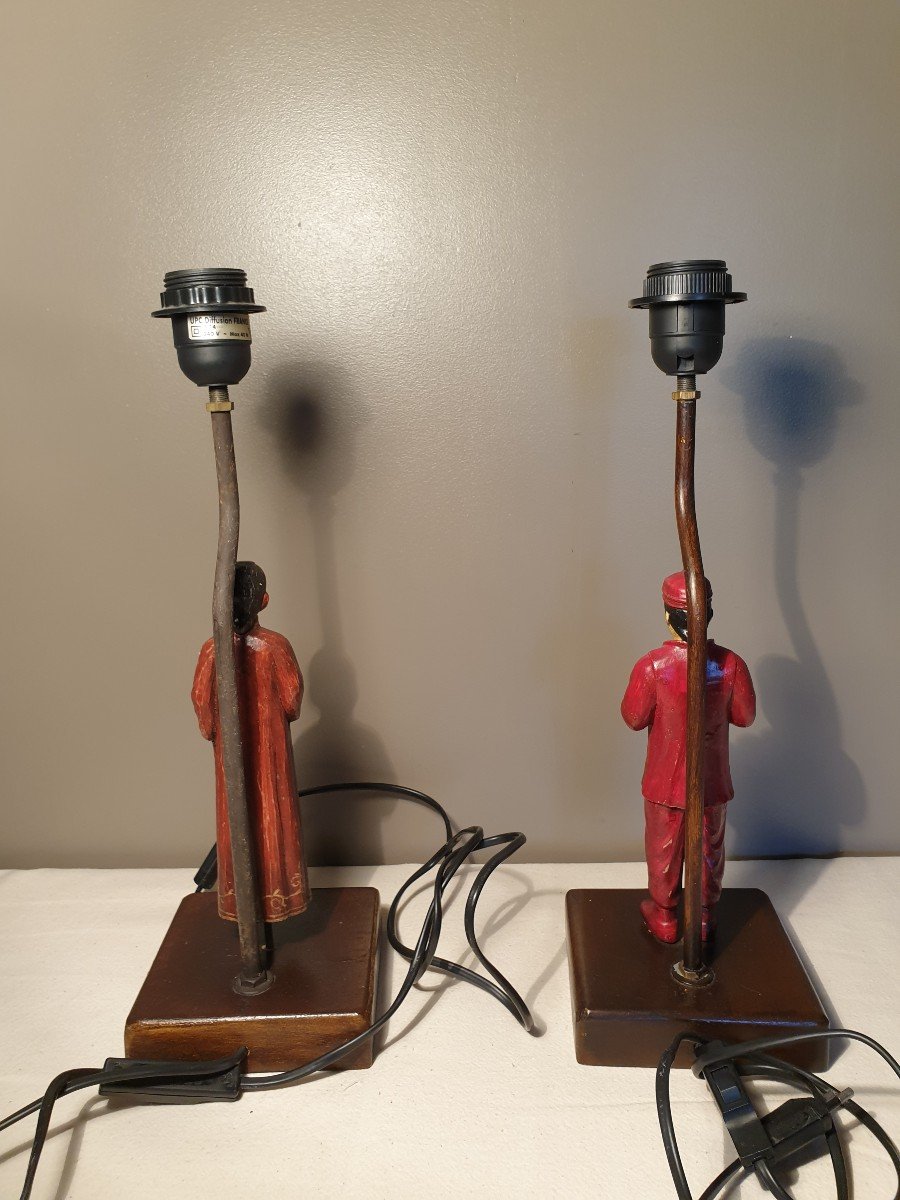 Pair Of 80s Lamps: Chinese Couple In Painted Resin. Height 40 Cm-photo-3