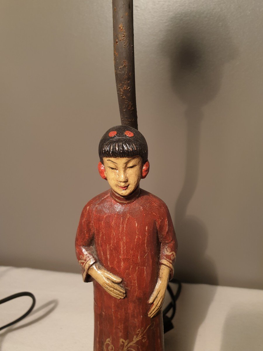 Pair Of 80s Lamps: Chinese Couple In Painted Resin. Height 40 Cm-photo-4