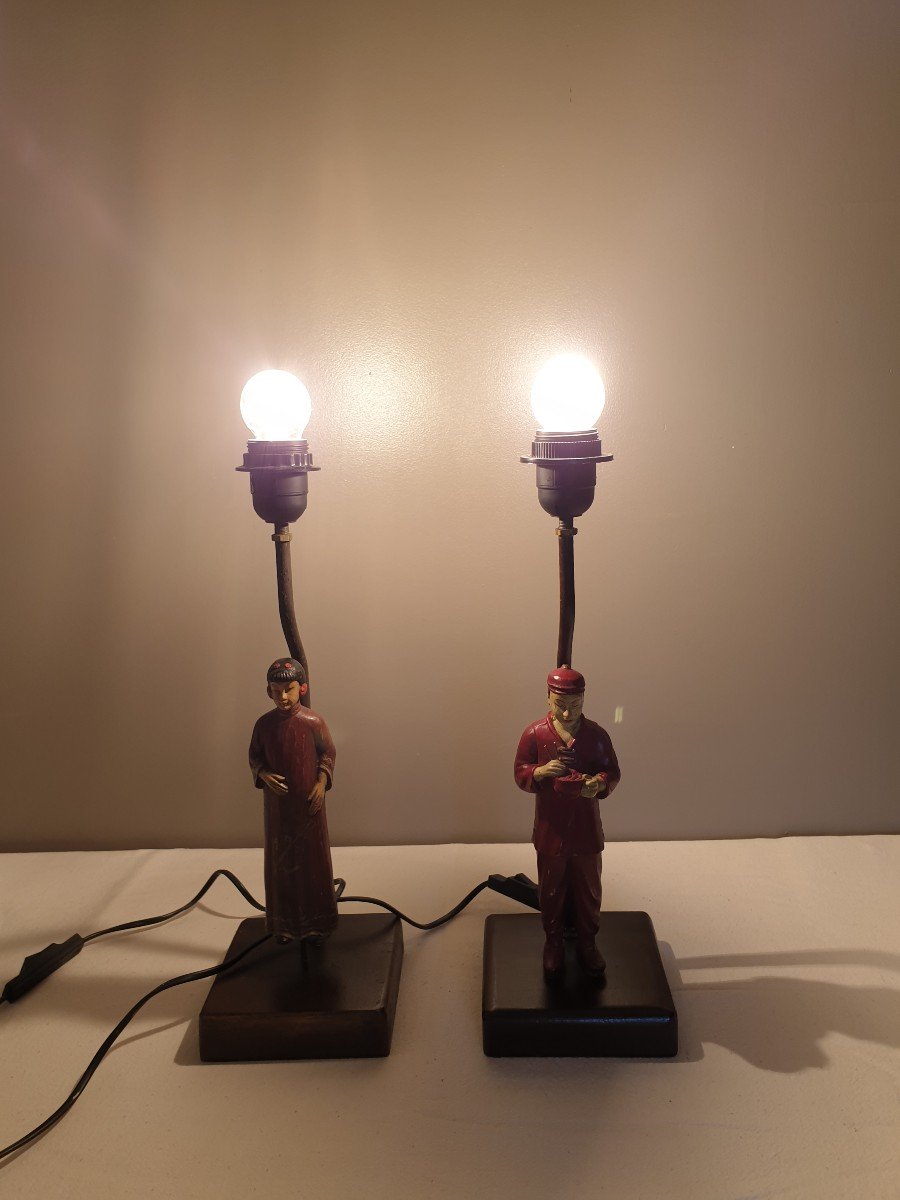 Pair Of 80s Lamps: Chinese Couple In Painted Resin. Height 40 Cm-photo-7