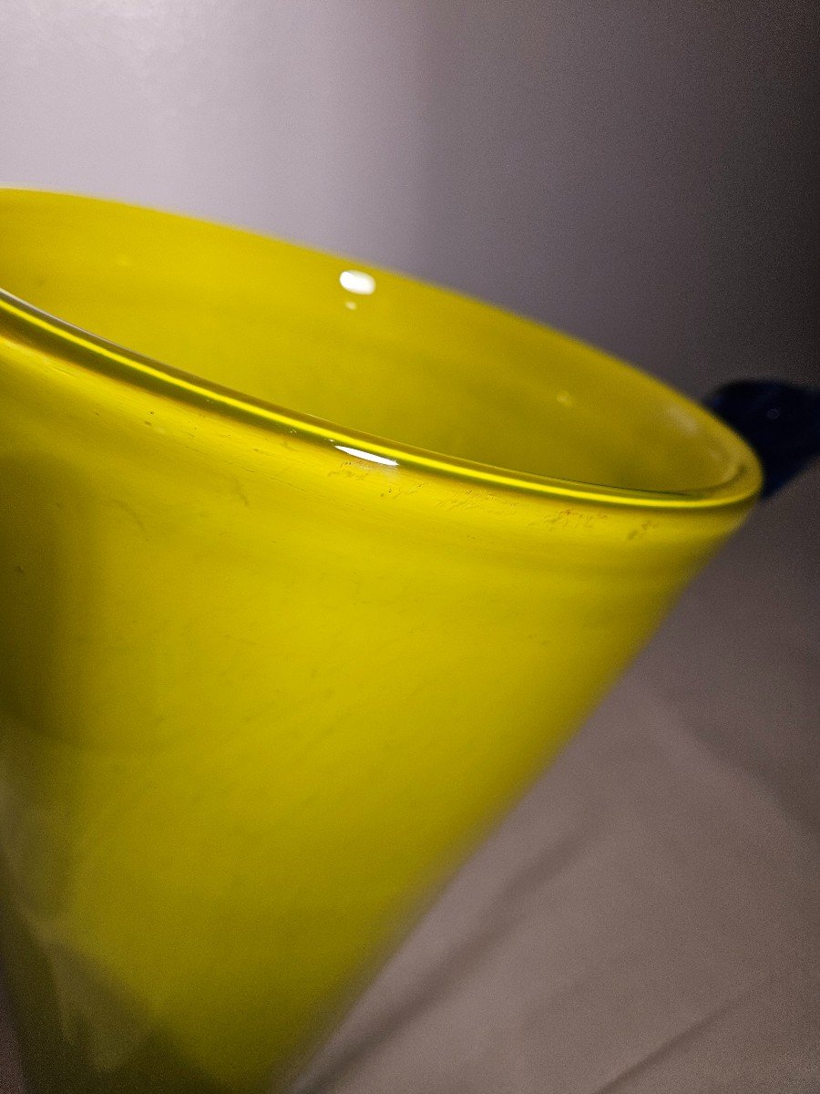 Large Conical Vase In Yellow Glass With Blue Handles Murano Or Czech Height 36 Cm-photo-2