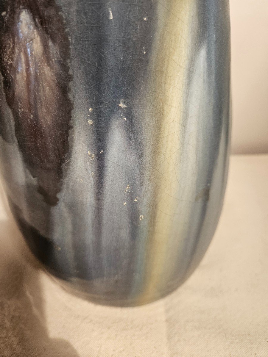 Grand Vase En Grès émaillés Belgique Ou France Tons à Dominantes Bleues  Hauteur 38.5 Cm-photo-4