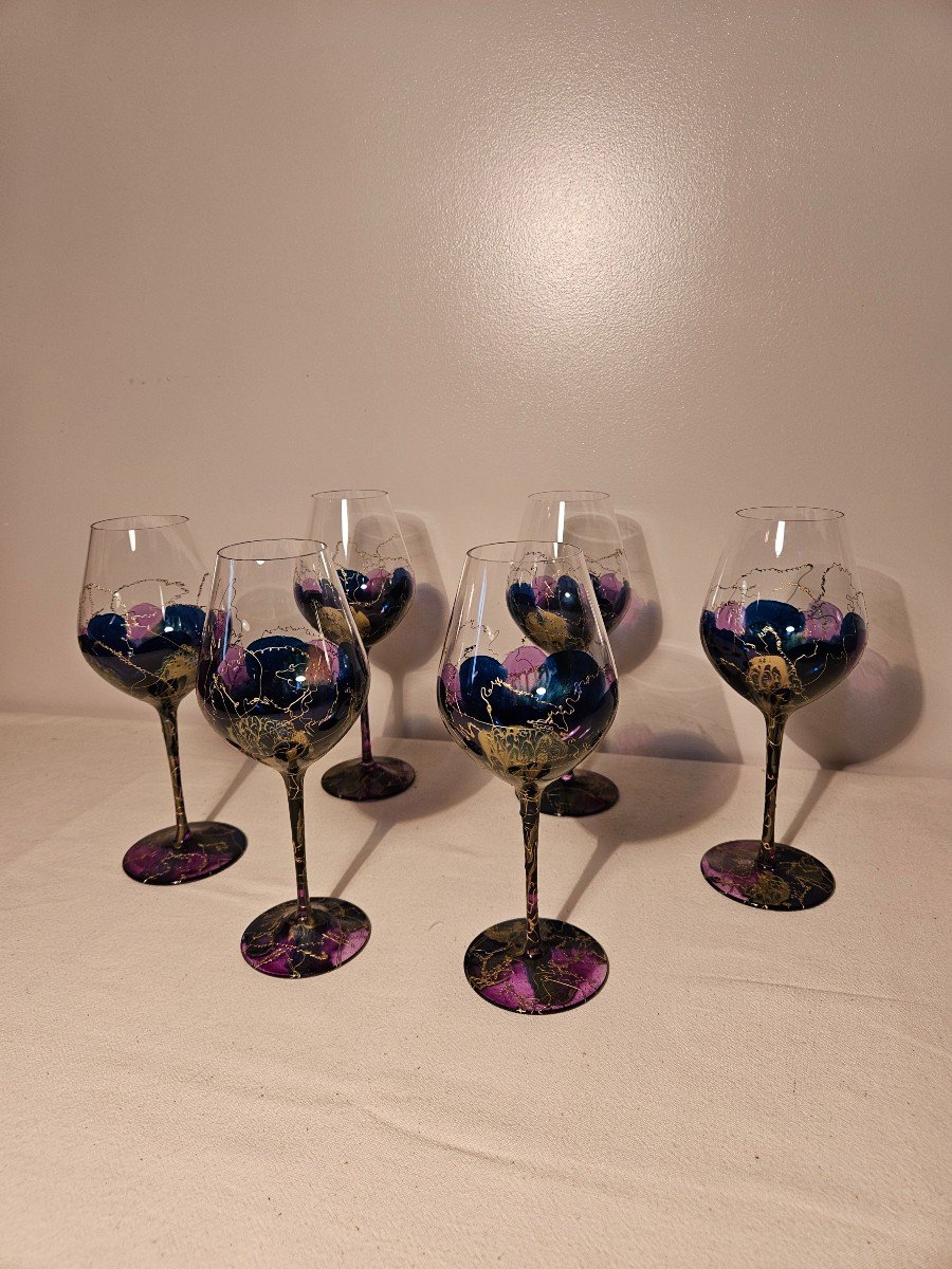 Six Painted And Enameled Glass Stemmed Glasses Height 22 Cm-photo-2