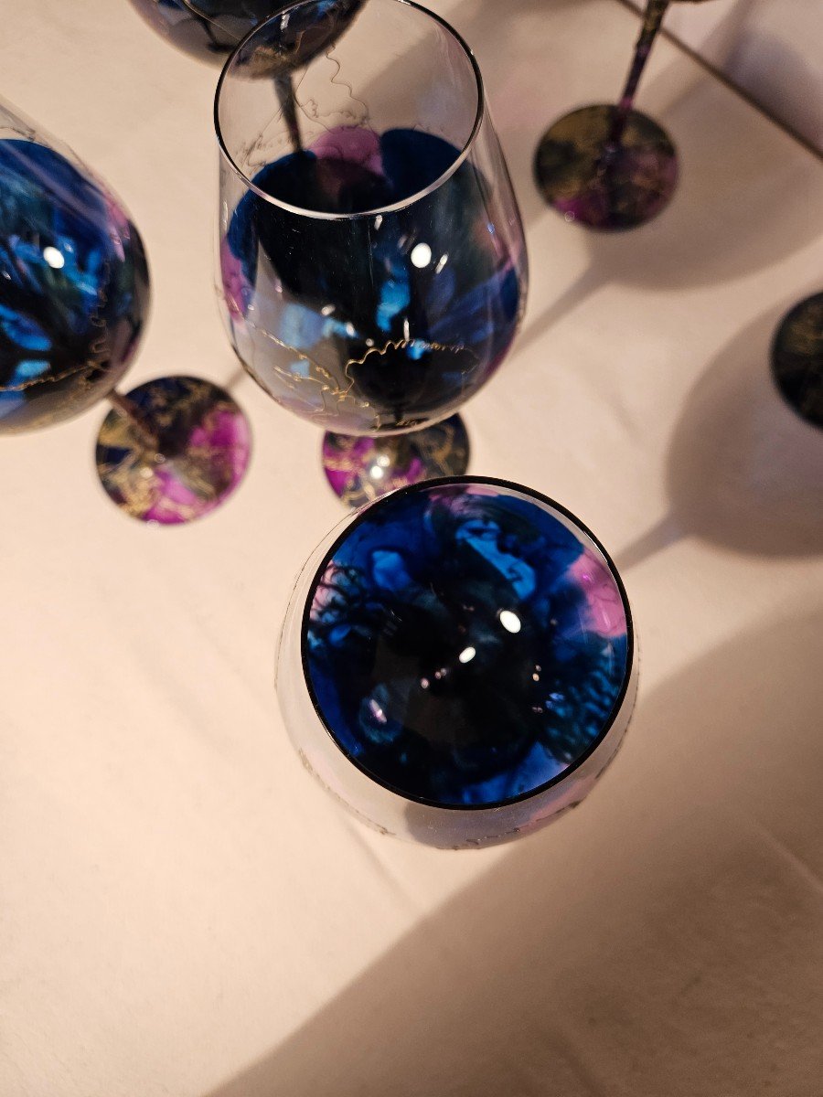 Six Painted And Enameled Glass Stemmed Glasses Height 22 Cm-photo-5