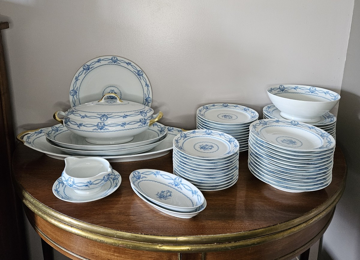 Limoges Jammet Seignolles Dinner Service. White With Blue Decor. 57 Pieces. Very Little Used.