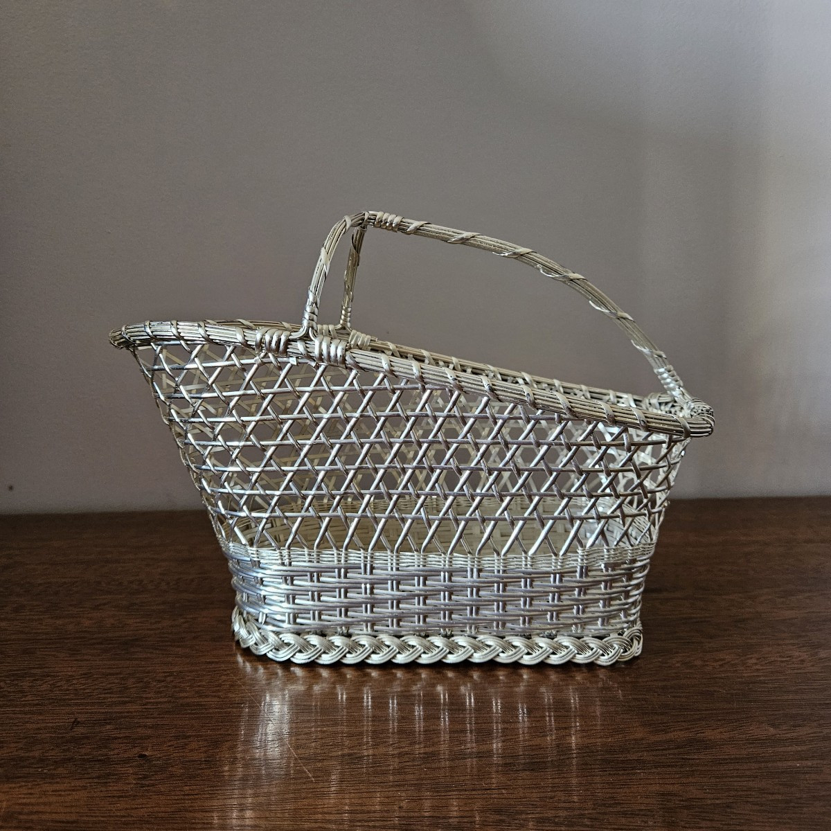 Christofle Bottle Holder Basket In Woven And Openwork Silver Metal