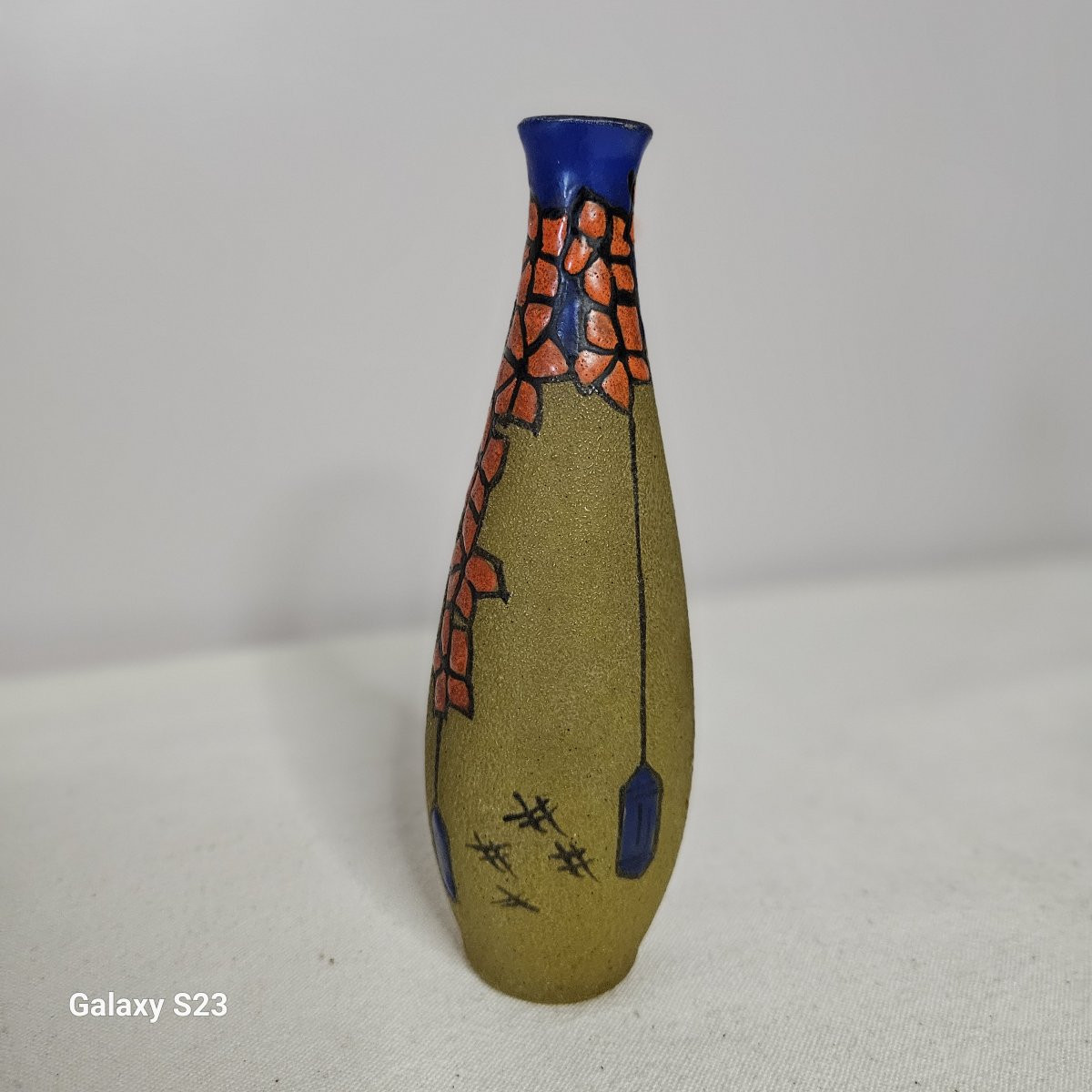 Verrerie De Leune Small Enamelled Art Deco Soliflore Vase-photo-3