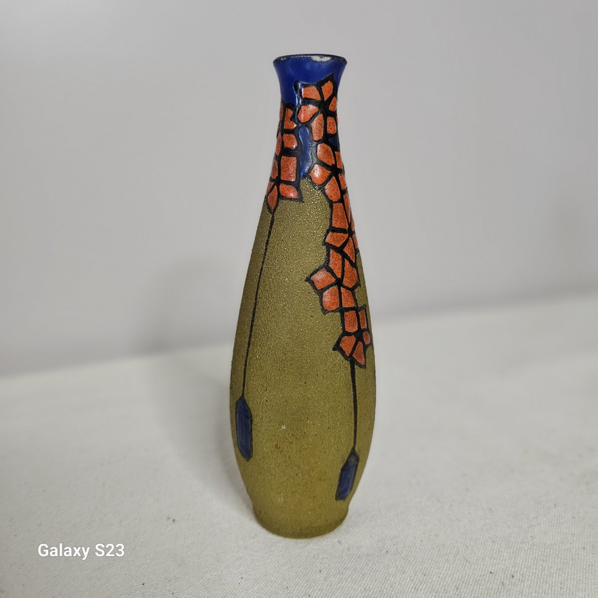 Verrerie De Leune Small Enamelled Art Deco Soliflore Vase-photo-4