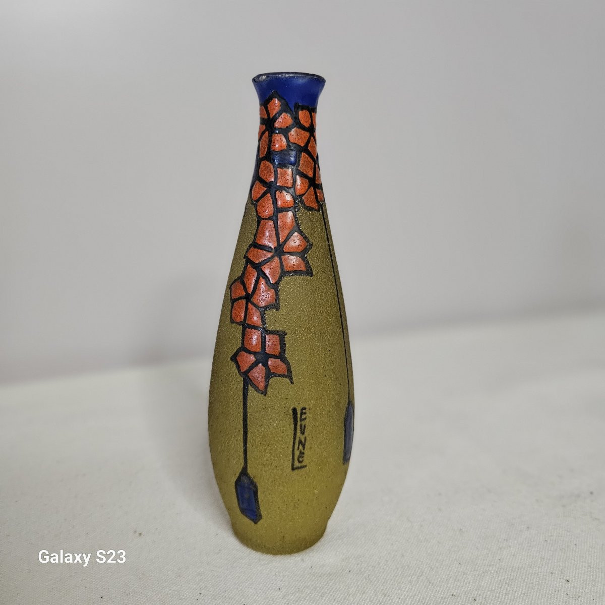 Verrerie De Leune Small Enamelled Art Deco Soliflore Vase-photo-5